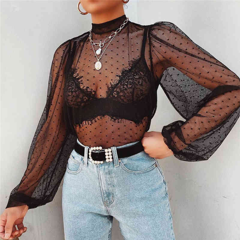 Elegant Women Transparent Puff Sleeve Shirts Fashion Ladies Turtleneck Polka Dot Tops Sweet Female Chic Solid Blouses 210430