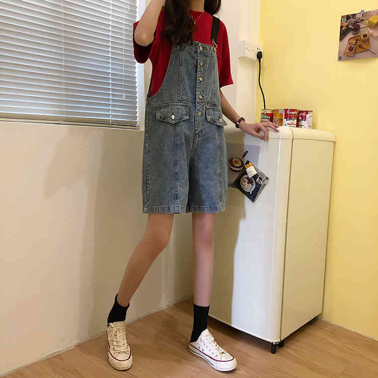 SML Summer korean preppy style Jumpsuit Denim Overalls Casual Girls vintage Wide Leg Jeans Shorts womens (78151) 210423
