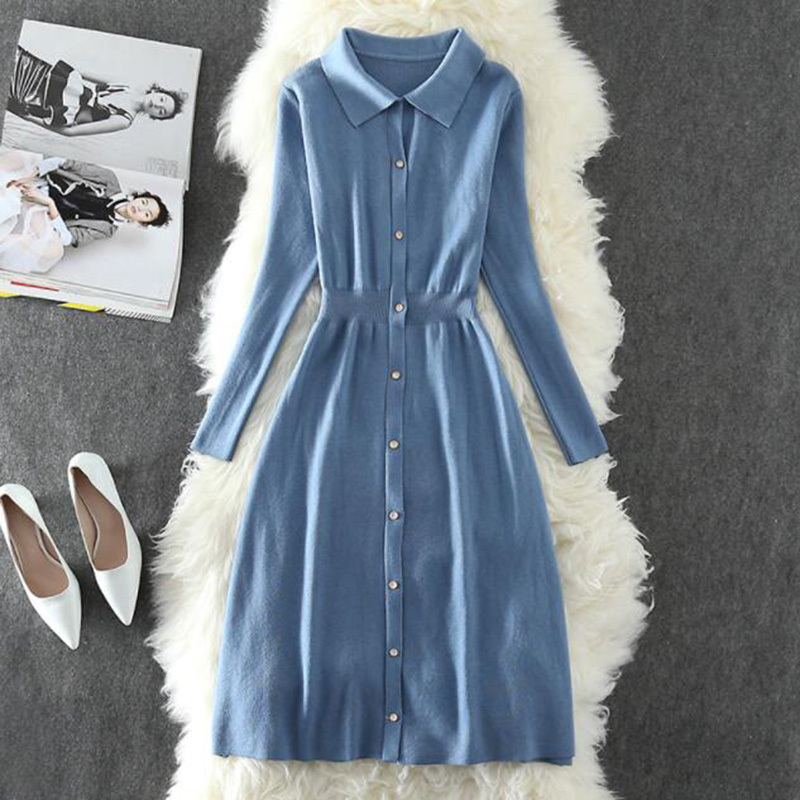 Women Kintted Dresses Fashion Arrival Long Sleeve A-line Midi Dress Women Casual Single-breasted Sweater Dress 210521