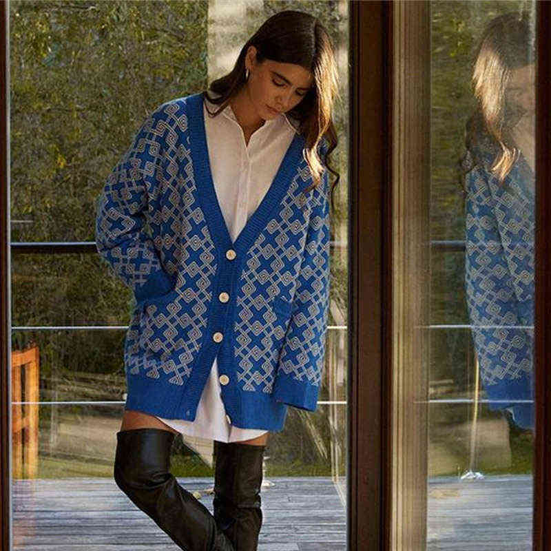Women V-neck Checkered Print Knitted Cardigan Fashion Female Buttons Casual Long Sleeve Sweater Cardigan With Pocket Autumn 211123wtt