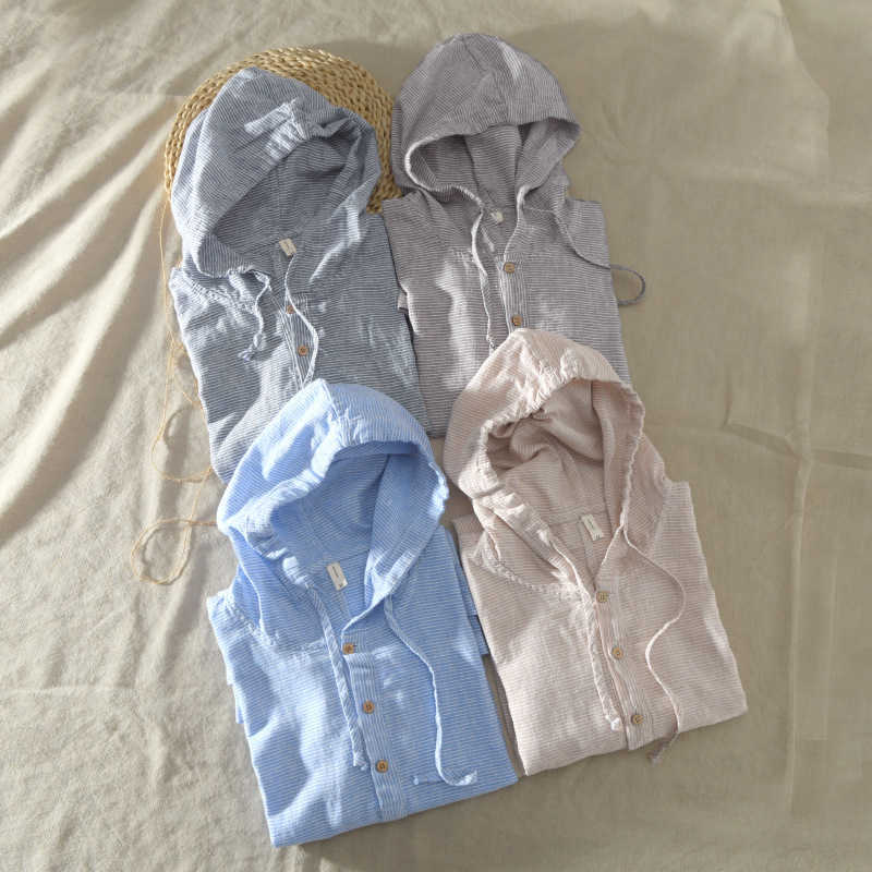 Men Summer Fashion Japan Style High Quality Cotton Linen Short Sleeve Hooded Stripe Casual T-shirts Student Top Male Casual Tee 210707