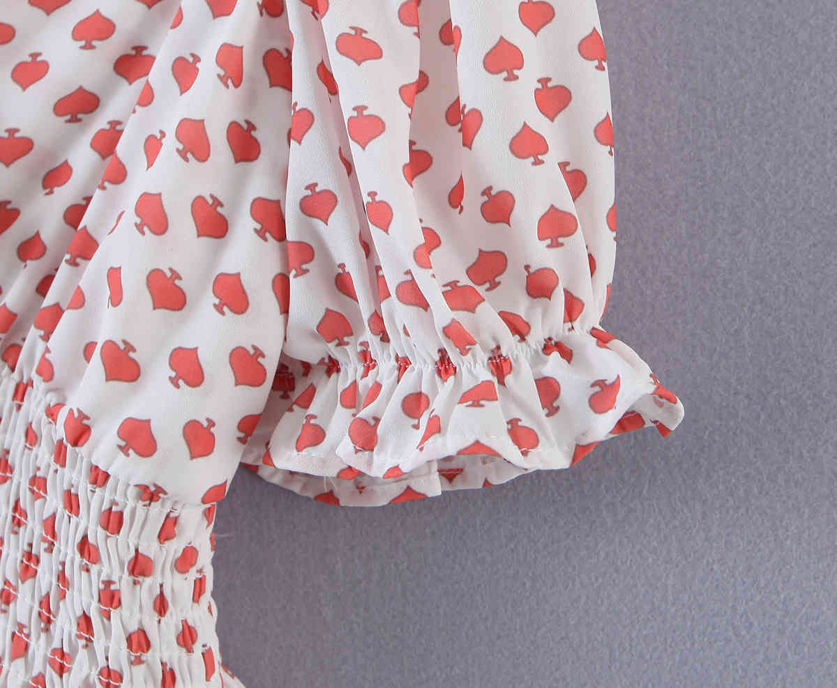 Sexy Elastic Ruched Back Heart Print Tank Tops Women Summer Short Puff Sleeve Square collar Crop Top High Waist Tees 210429