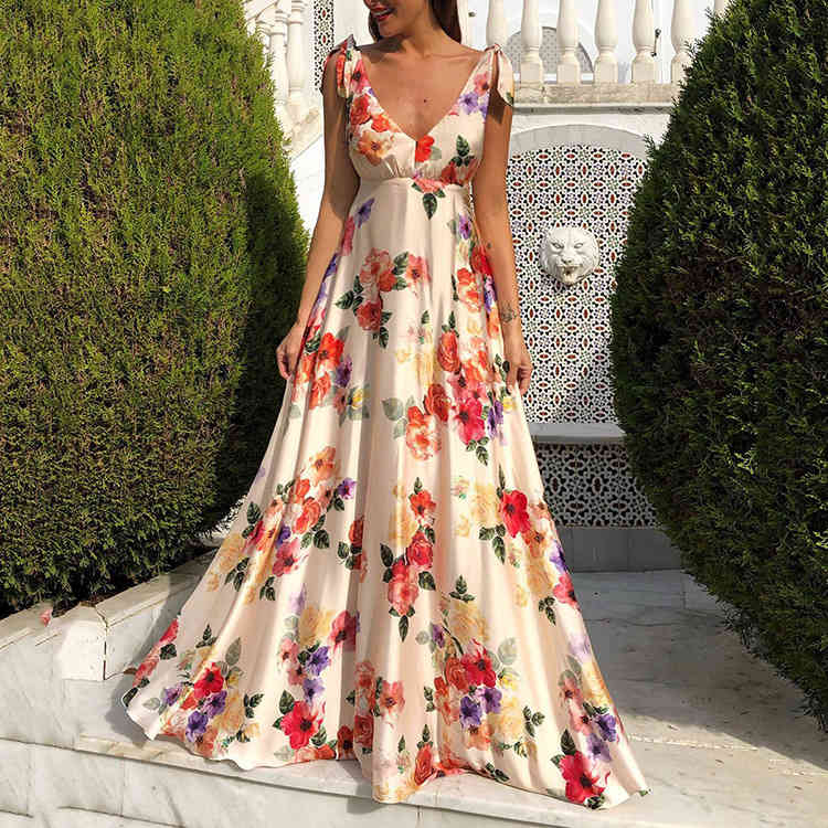 Women Dress V-neck Sleeveless Bohemian Dresses For Plus Size Long Vintage Flowers Beach Summer Fashion 210524