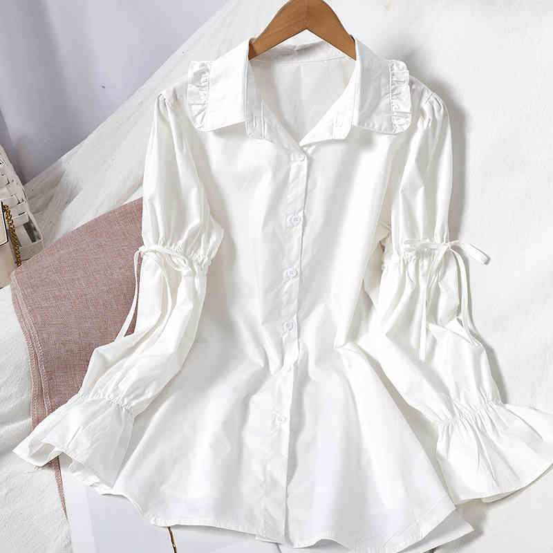 Nomikuma Spring Women 2piece Sets Lace Up Puff Sleeve Turn-down Collar Blouse + Sashes Slim Waist Sling Demin Vest 6D998 210427