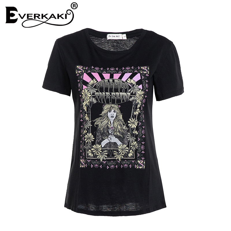 Everkaki Retro Bohemian Tshirt Women Printed Tees&Tops Summer Boho T Shirt Women Fashion&Casual Womens Clothing T-Shirt 210406