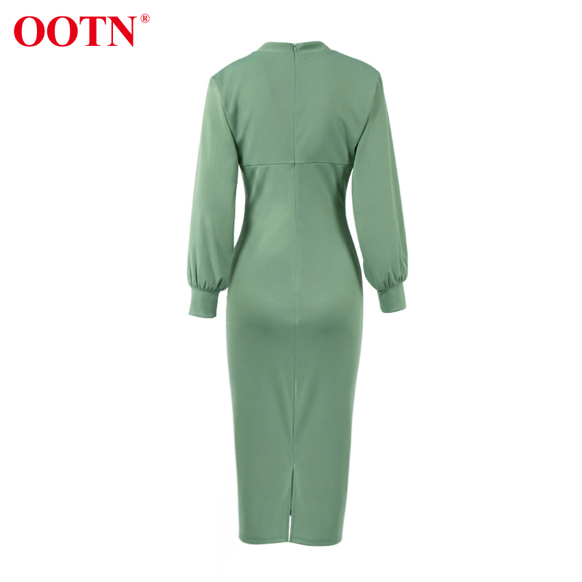 OOTN Turtleneck Winter Women Dress Elegant Autumn Midi Dress Long Sleeve Green High Waist Solid Casual Ladies Dresses Tunic 210409