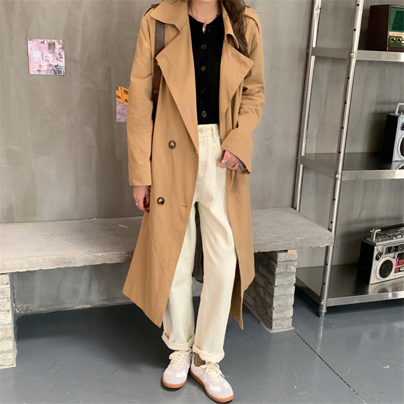 Minimalist Suit Collar Double Breasted Long Trench Coat Women Elegant OL Overcoat Autumn Work Khaki Windbreaker 210421