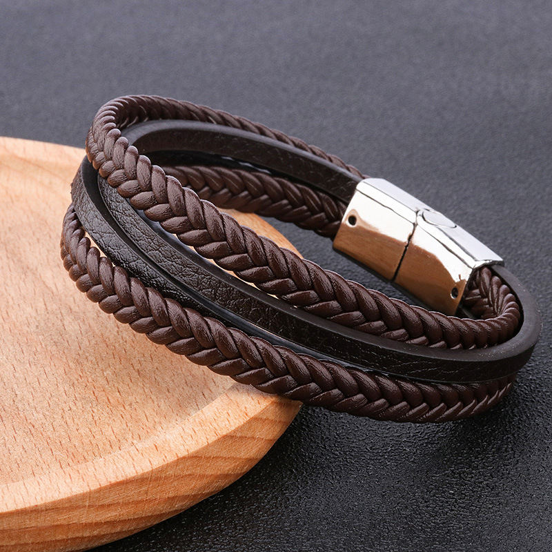 Vintage Men's Style Woven Black Brown Leather Cuff Magnetic Snap Bracelet for Gift