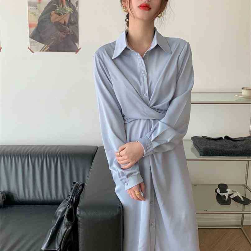 Spring Solid Turn Down Collar Elegant Office Lady Streetwear French Women All Match Long Dresses Vestidos 210525, Blue
Spring Solid Turn Down Collar Elegant Office Lady Streetwear French Women All Match Long Dresses Vestidos 210525, Blue
