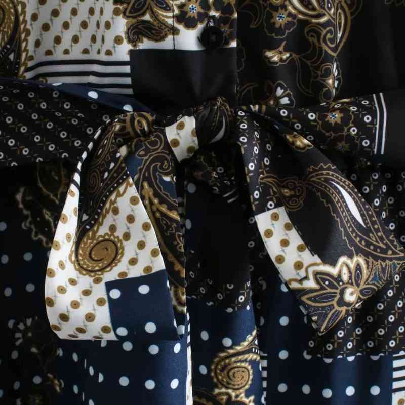 Women Vintage Patchwork Printing Sashes Midi Shirt Dress Female Long Sleeve Clothes Casual Lady Loose Vestido D6911 210430Z