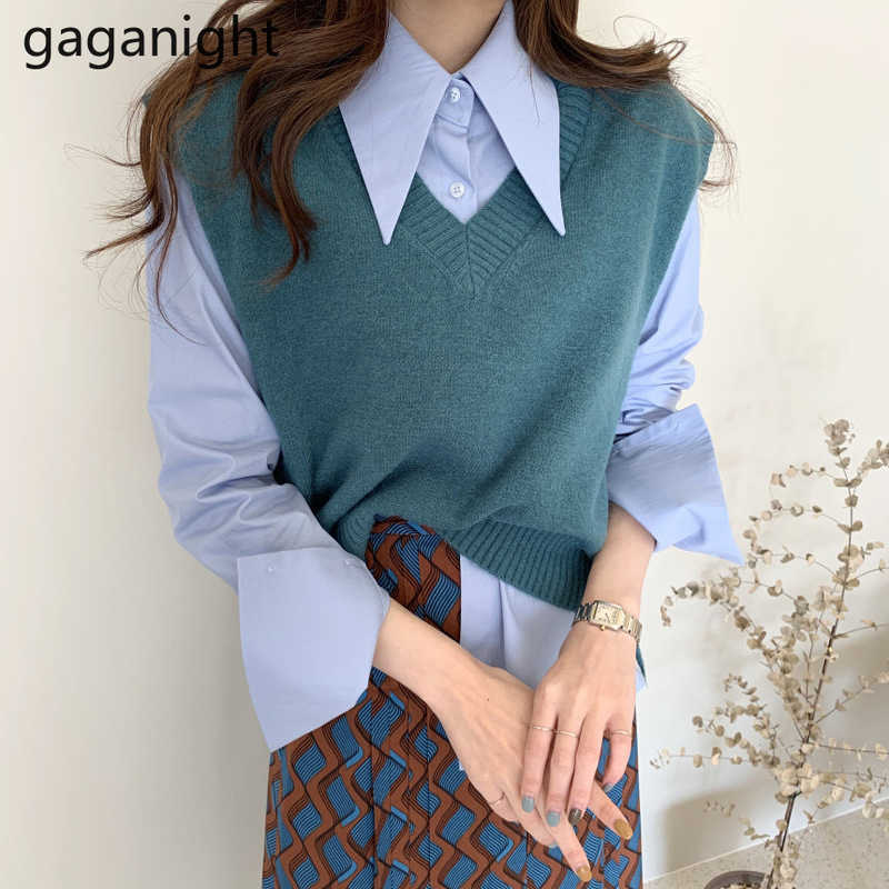 Casual Women Two Pieces Set Long Sleeve Solid Shirt Loose Knitted Vest Office Lady 2 Outfits Spring Suits 210601