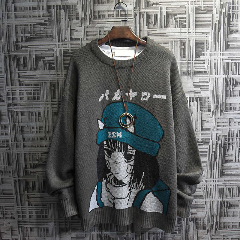 Couple Cartoon Print Sweater Japanese Knitting Pullovers Round Neck Loose Casual Lazy Autumn Winter Knitted Pullover Sweater 211018