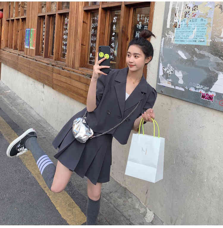 Korean Fashion Office Ladies Women Summer 2 Piece Set Puff Sleeve Blazer Coat + Mini Pleated Skirts Suit 210519