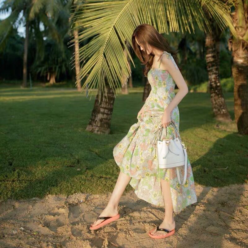 Summer French Elegant Spaghetti Strap Dress Women Floral Midi Dress Female Sweet Party Evening Beach Dress Korea 210521