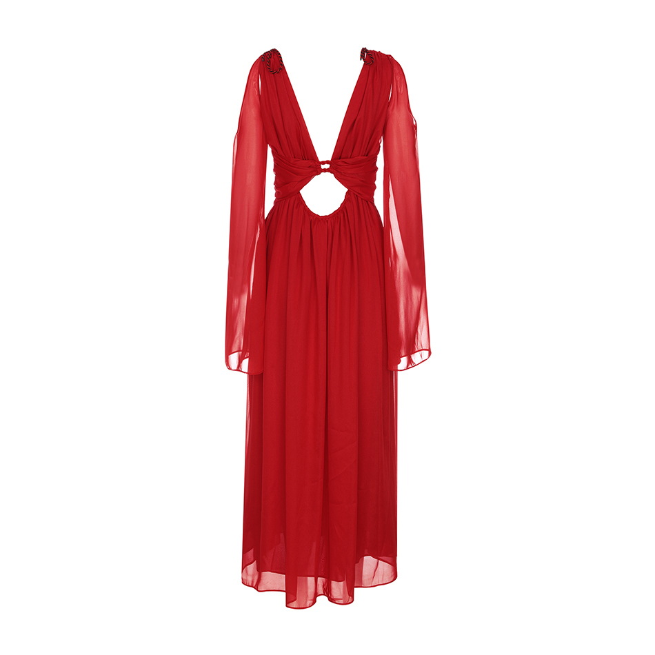 Free Autumn Women's Mesh Dress Red Long Sexy V-neck Sleeve Halter High Waist Party Dresses Vestidos 210524