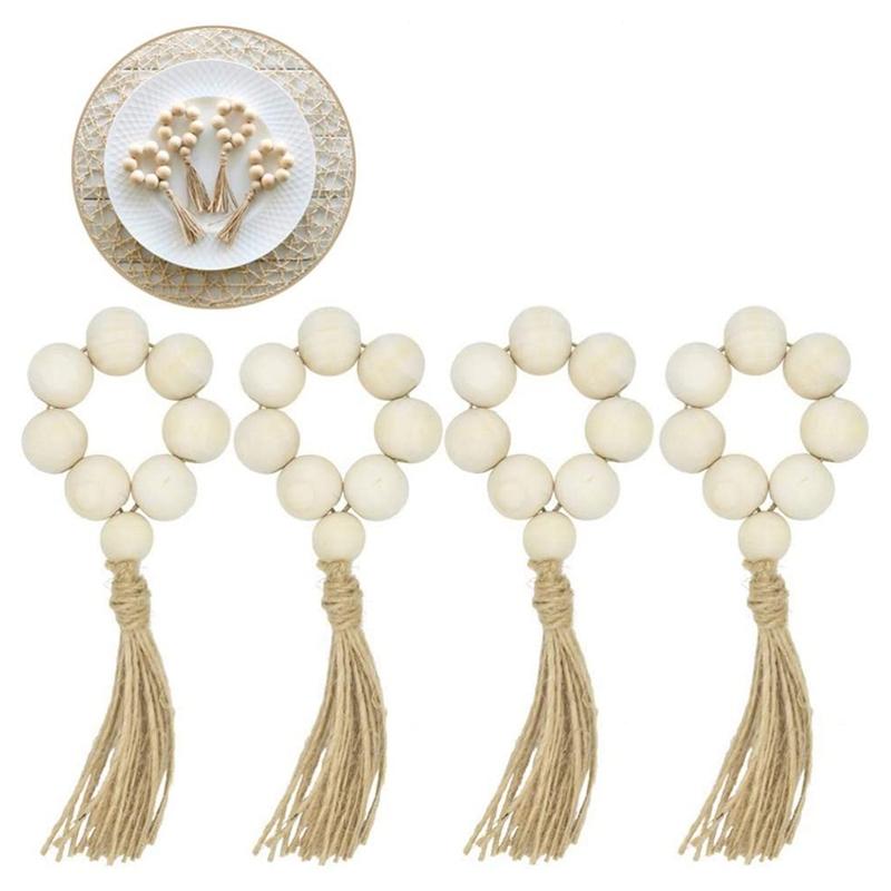 Napkin Rings 12 Pcs Wood Bead With Tassels Rustic Farmhouse Garland Wall Hanging Decor Weddings Table Decoration