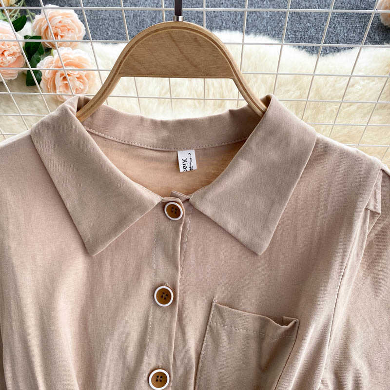 DEAT Women Black Belt Dress Turn-down Collar Short Sleeve Arrivals Lady Temperament Fashion Spring Summer 11D581 210709