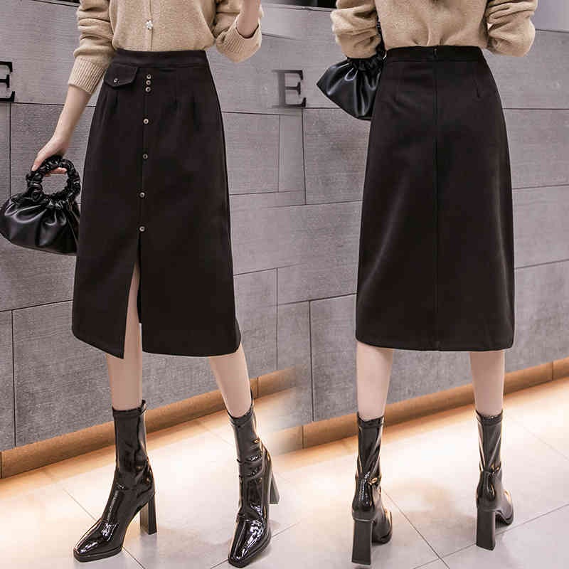 High Waist Slim Mid-length Fashion Woolen H-line Skirt Female Side Slit Single Breaste Hip Woman Faldas 12132 210508