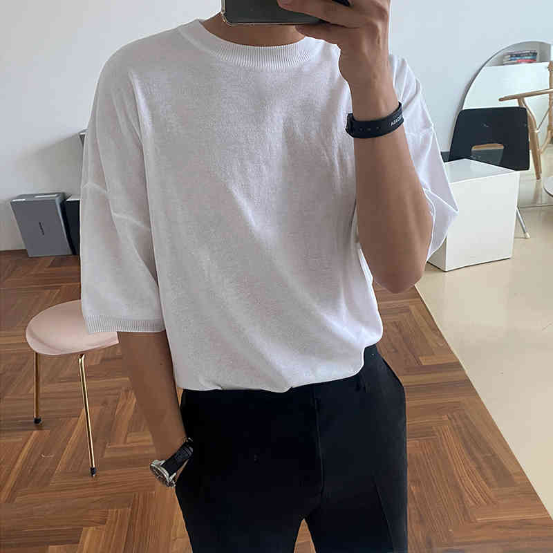 IEFB Summer Korean Loose Men's Round Neck Knitted Short Sleeve Off Shoulder Casual T-Shirt Vintage Green Tee Top 9Y7189 210524