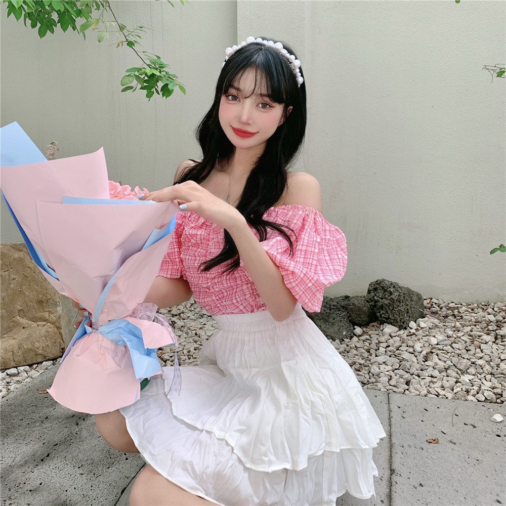Summer Two Piece Set Women Korean Pink Plaid Slash Neck Shirt Top + White Cake Mini Skirt Casual Elegant Sweet Suit 210519