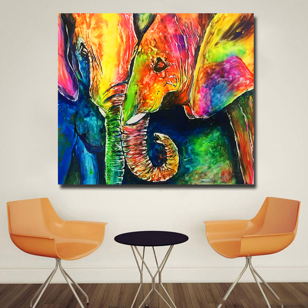 Colorful Elephant Couple Painting Picture Animal Art For Living Room Home Wall Decoration Poster Printed On Canvas