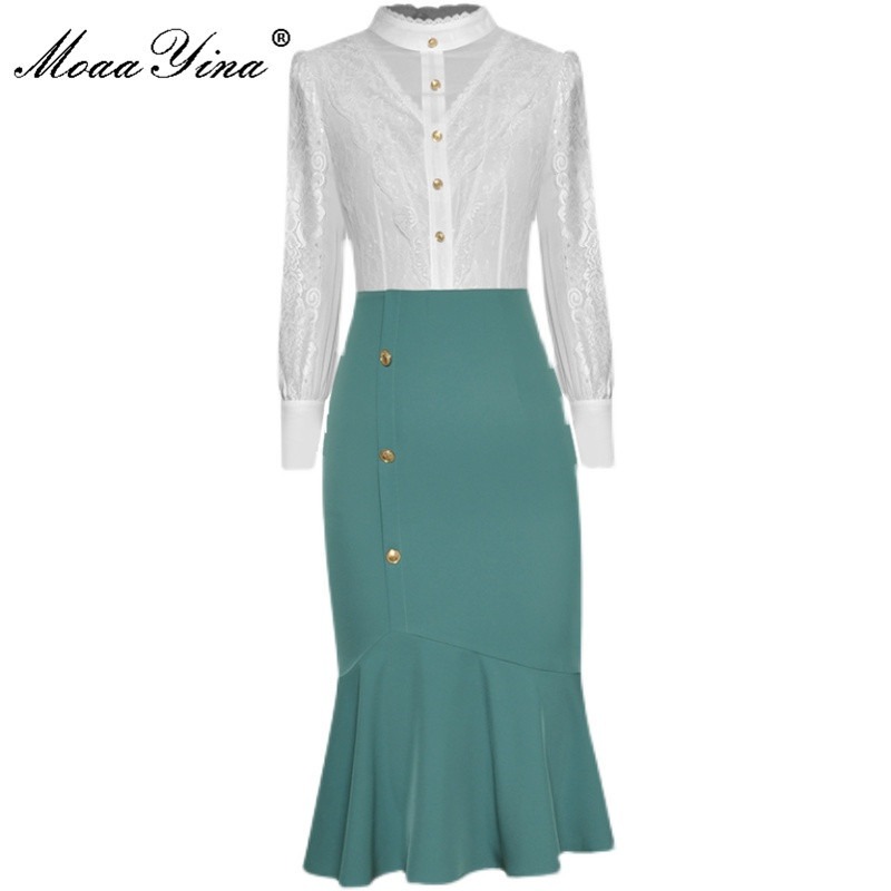 Fashion Designer dress Spring Women's Dress Stand collar Lace Patchwork Chiffon Mermaid Dresses 210524, Green
Fashion Designer dress Spring Women's Dress Stand collar Lace Patchwork Chiffon Mermaid Dresses 210524, Green
