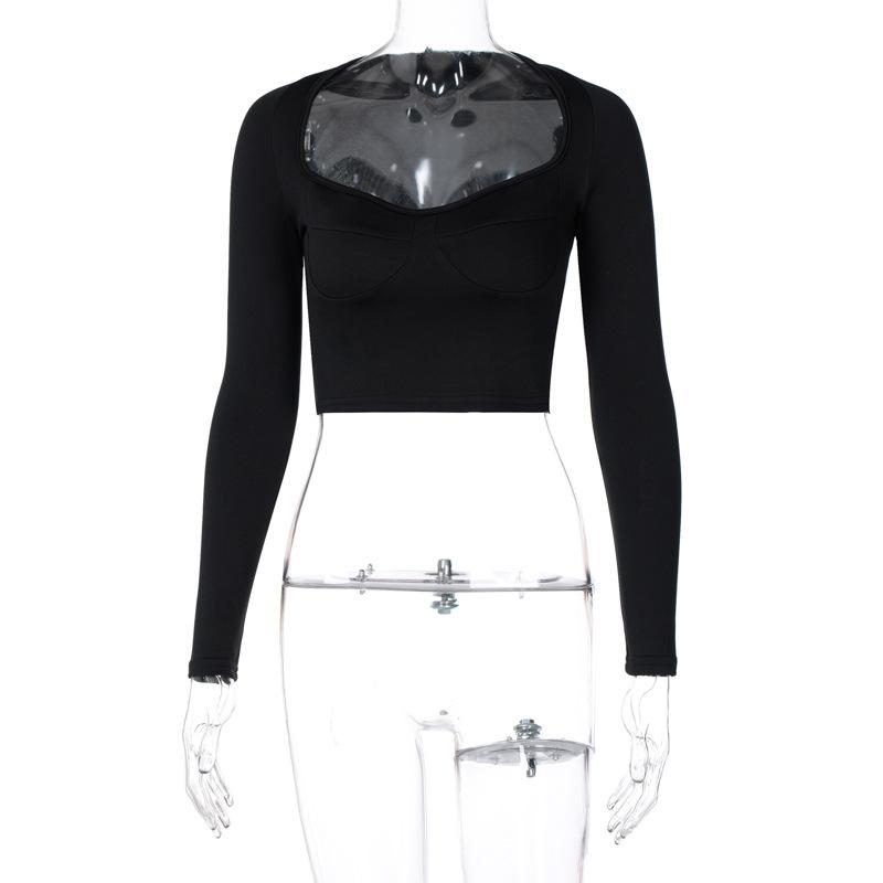 Winter Black Women Crop Top Long Sleeve Square Collar Short T Shirt Fleece Purple Sexy Tee Basic Lady Clothing Ts599 Women's T-Shirt B2