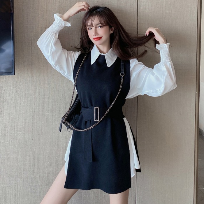 Nomikuma Women Elegant Two Pieces Sets Medium-long Blouse Shirt + Belst Slim Knitted Vest Korean Spring New Outfits 6E090 210427