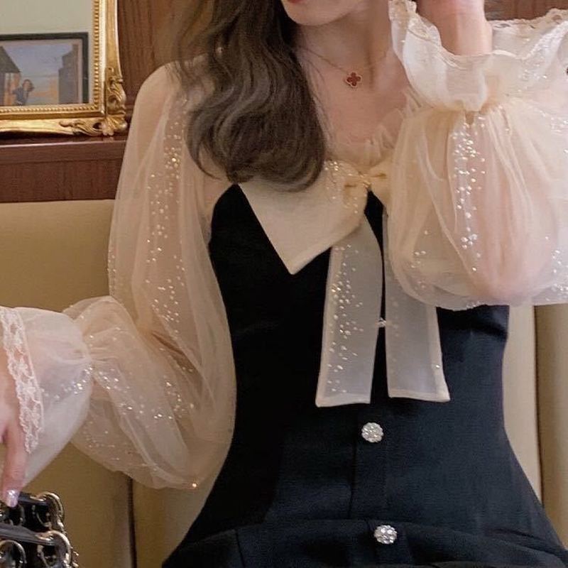 Elegant Mini Party Dress Women Casual Bow Lace Long Sleeve Black Vintage Dress Bow Sexy Dress Korean Spring Chic 210521