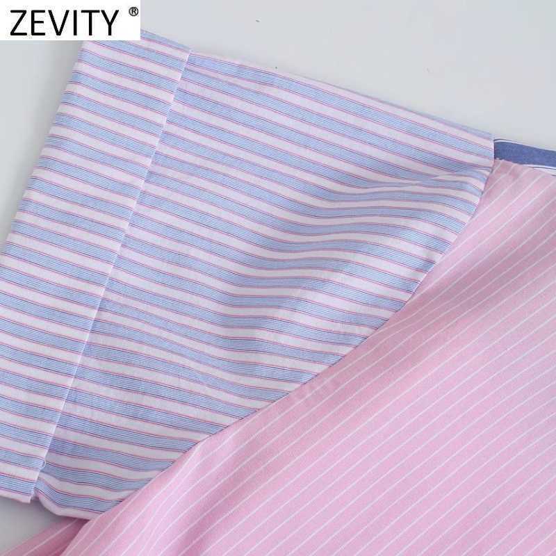 Zevity Women Sweet Patchwork Striped Print Pink Short Smock Blouse Female Hem Bowknot Breasted Shirt Chic Crop Tops LS9210 210603