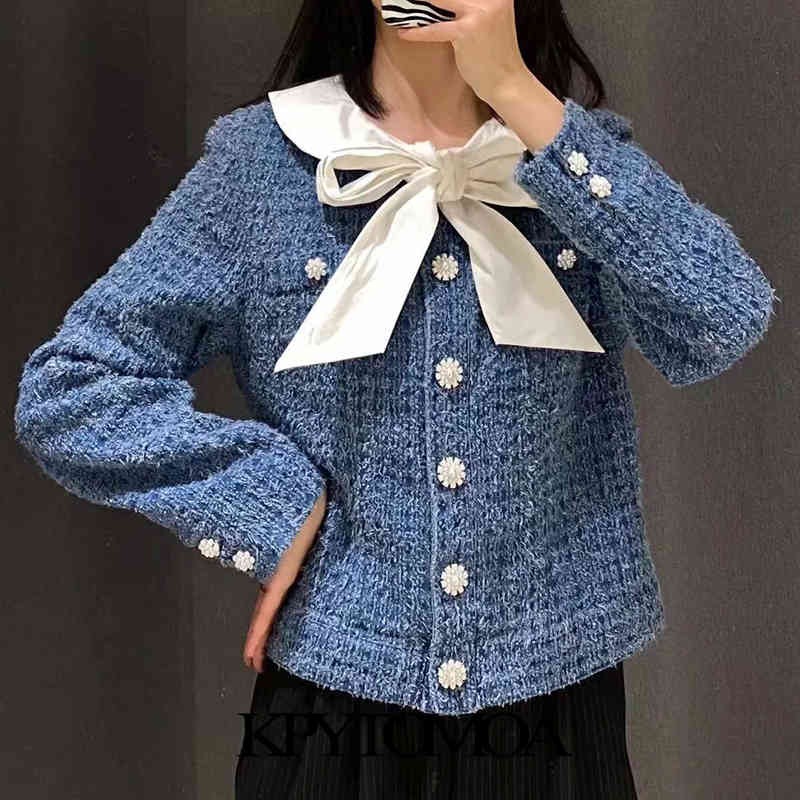 Women Fashion With Bow Tied Faux Pearl Buttons Jacket Coat Long Sleeve Female Outerwear Chic Tops 210420