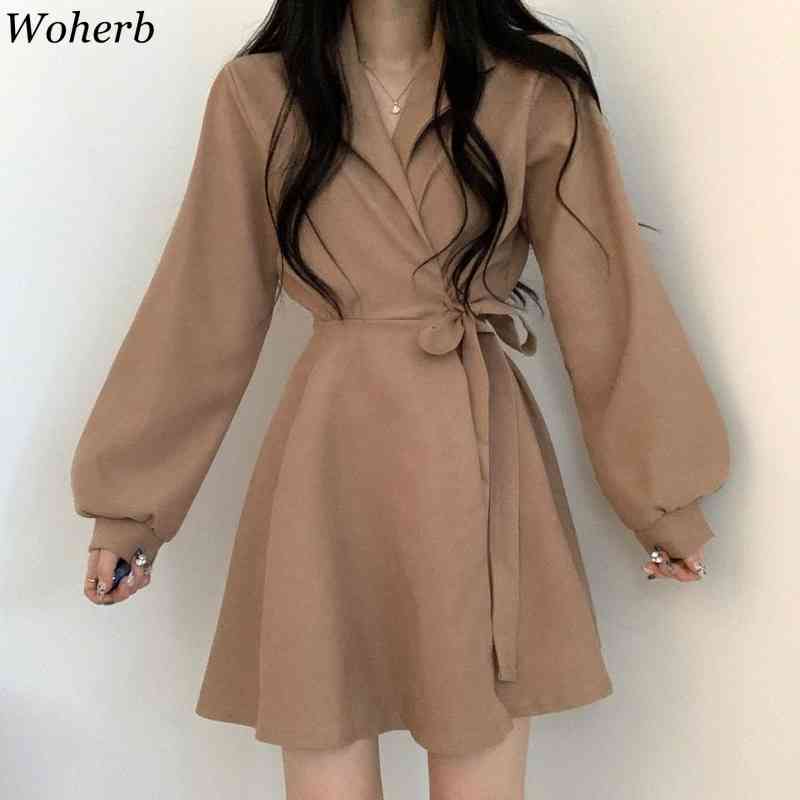 Lantern Sleeve Black Dress Women High Waist Hip A-line Vestidos Mujer Slim Fit Lace-up Bow Temperament Dresses 4l064 210519