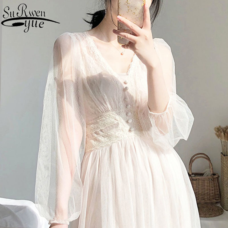 Dress Women Spring Plus Size Elegant Button A-Line Vestidos Solid Puff Sleeve Empire V-Neck Lace Voile Mesh 8126 210427