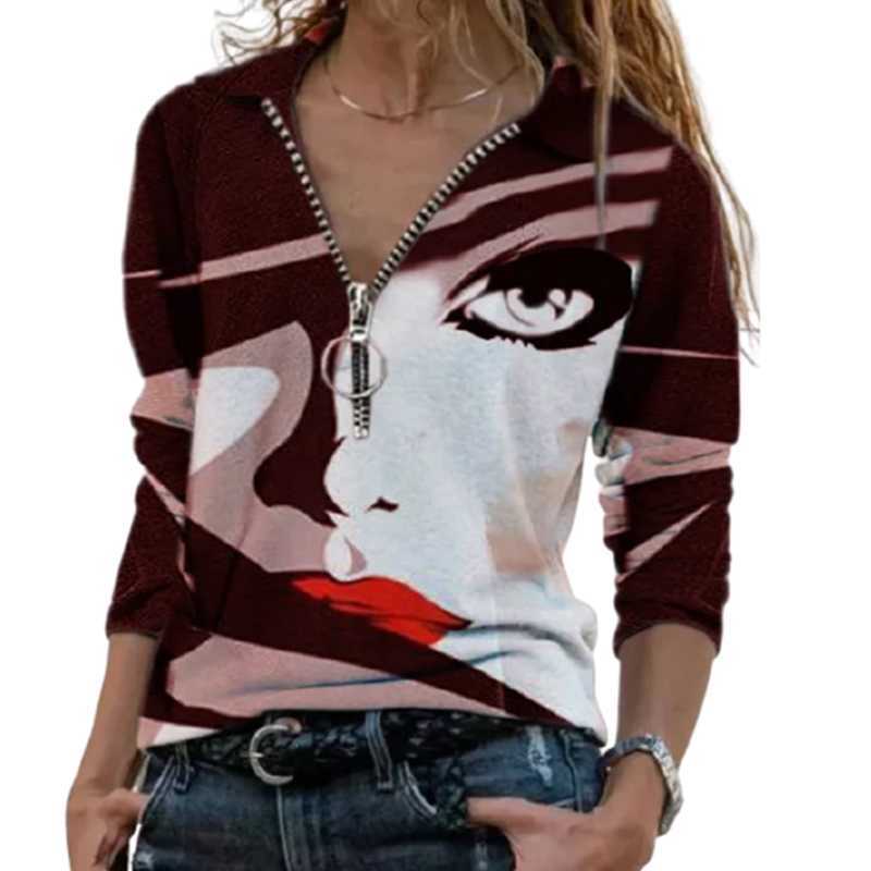 Women Polo T-shirt Retro Print Half Zip V-Neck Long Sleeve Oversize Tops And Tees Autumn Casual Slim Lady Street Green Blue Tees 210819