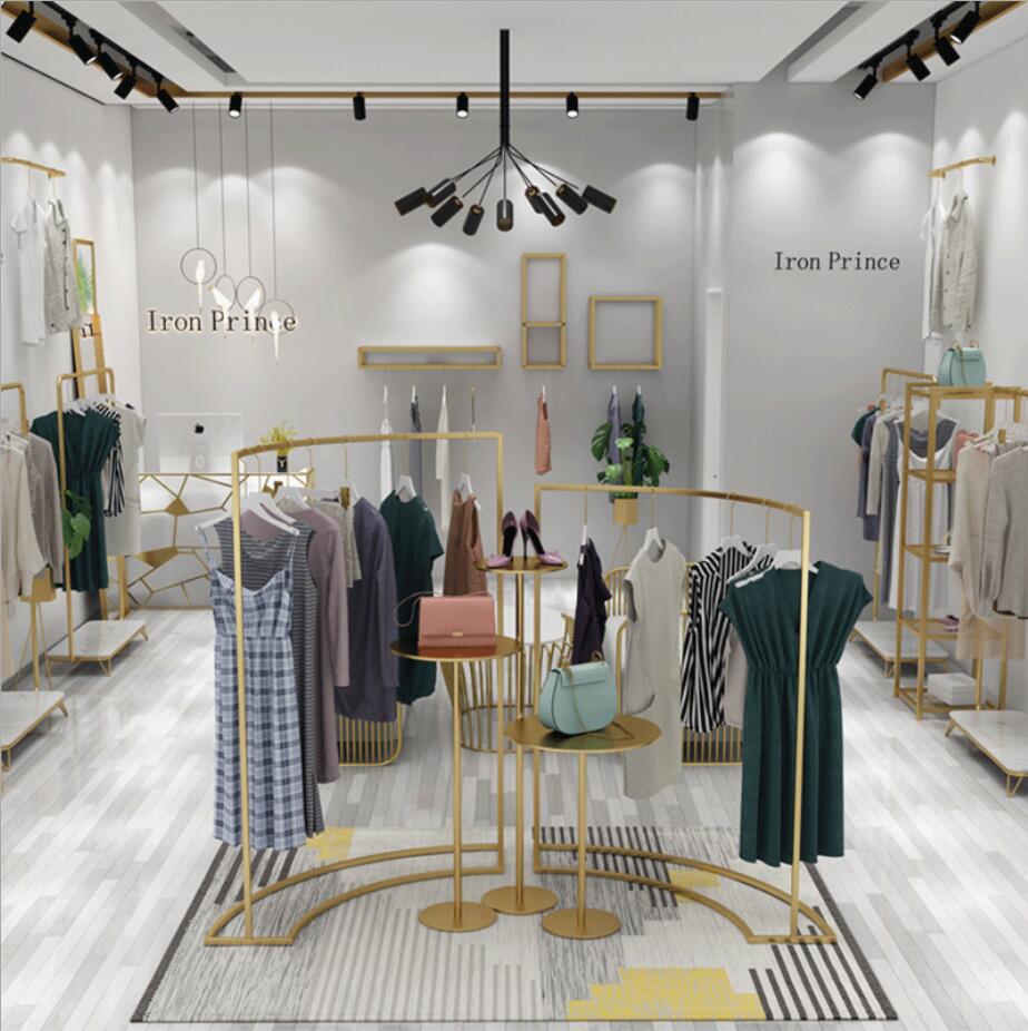 Clothing store iron clothes rack Commercial Furniture modern simple gold women's cloth floor display racks shopping mall show platform