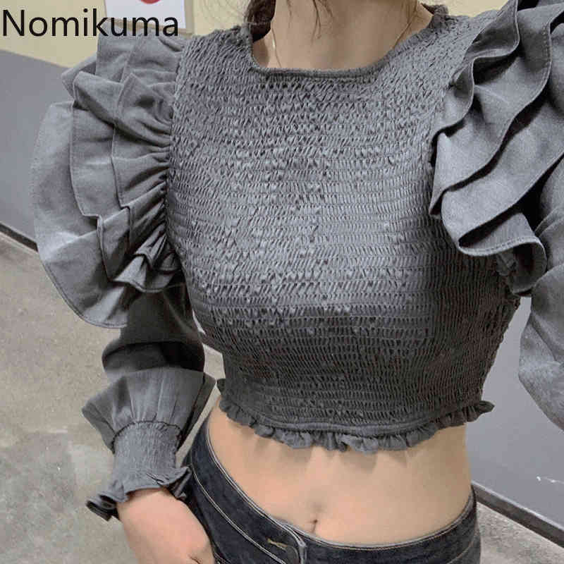 Nomikuma Korean Ruffle Patchwork Long Sleeve Blouse Stretch Slim Short Women Shirt New Causal O-neck Femme Blusa Top 6E710 210427