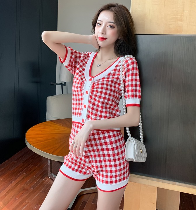 Korean Girls Sweet Knit Plaid Sexy V-Neck Short Sleeve Crop Top + Bodycon Pants 2 piece Sets Women Outfits 210519