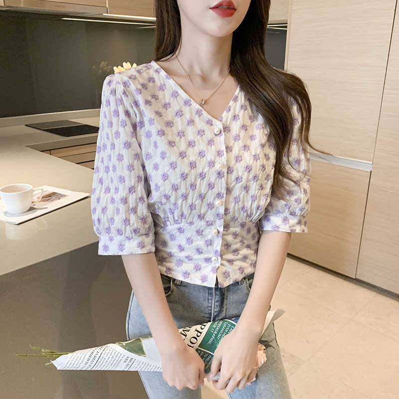 Summer Korean Fashion Womens Tops and Blouses Chiffon Women Short Sleeve Purple Shirts Ladies 210531
