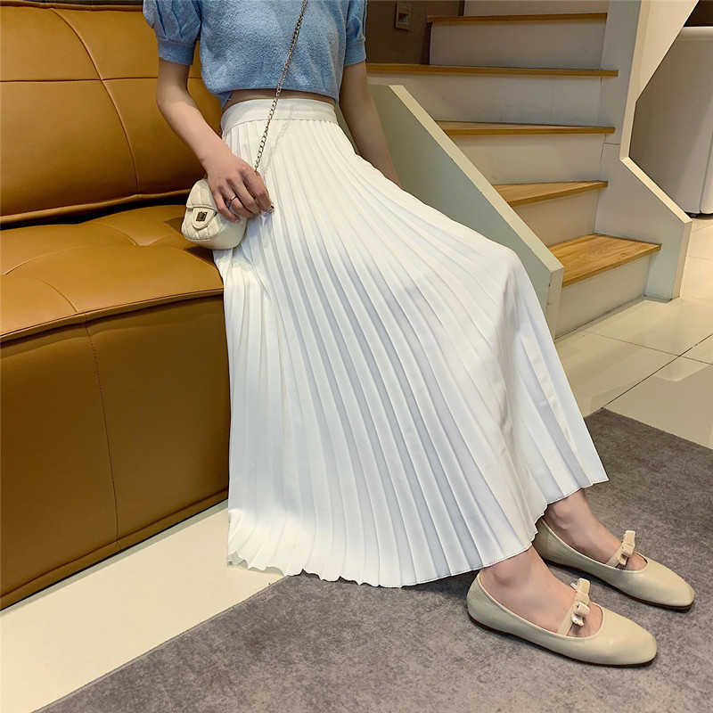 Summer Women Draped Rib Pleated Skirt Elastic High Waist Long Female Autumn Ladies Quality Midi Saia 210619