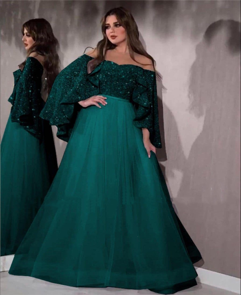 Elegant Arabric Royal Formal Evening Dresses Cape Sleeve Glitter Sequined Floor Length Tulle A Line Women Prom Dress Plus Size Long Special Occasion G