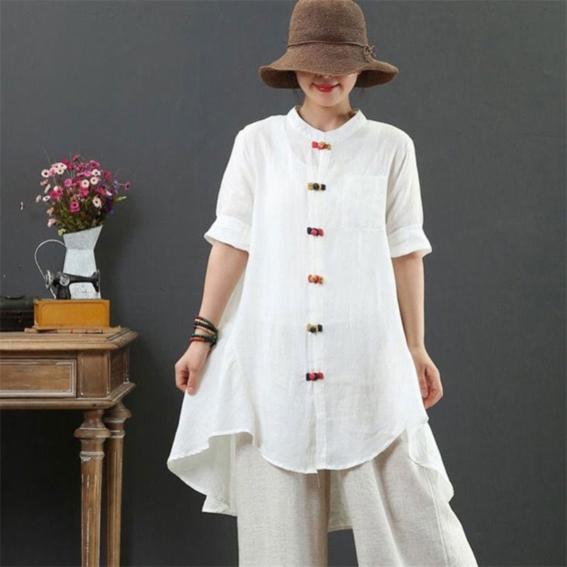 National Style Summer Women Shirt Plus Size Short Sleeve Loose Colours Button Long Linen Tops Vintage Femme Blouses D14 210512