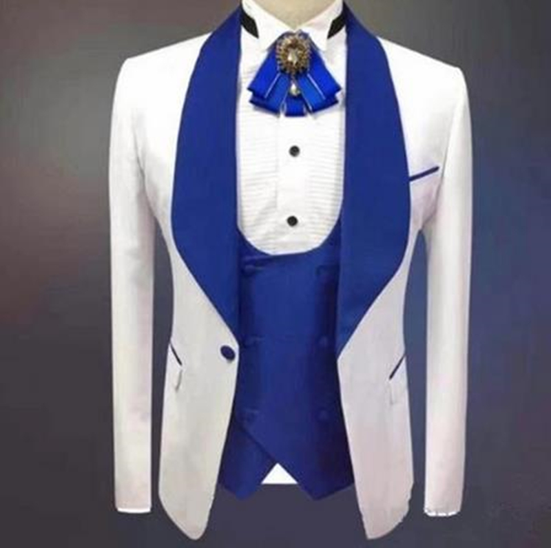 Handsome White Wedding Tuxedos Groom Formal Wear with Gold Shawl Lapel 3 Piece Custom Slim Fit Men Suits Set Jacket Vest Pant Male Fashion Prom Party 
