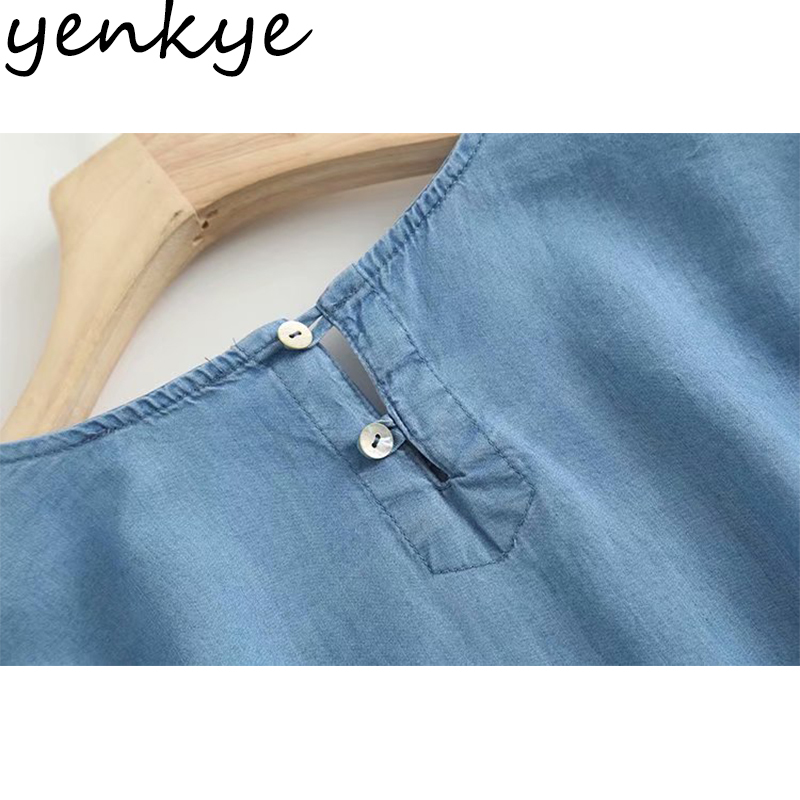 Floral Embroidery Vintage Blue Denim Blouse Women O Neck Long Sleeve Casual Loose Summer Tops Plus Size blusas 210430
