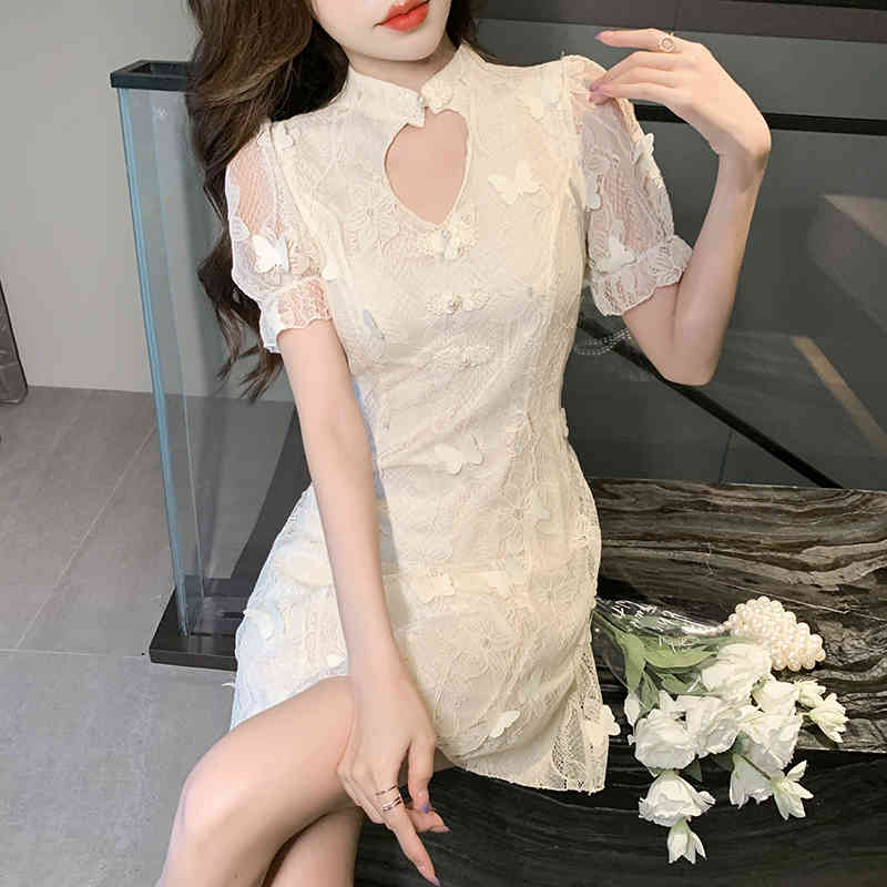 Summer Elegant Retro Cheongsam Improved Version Dress Fashion Lace Short Sleeve Slim Mini Party Dresses Vestidos 210519
