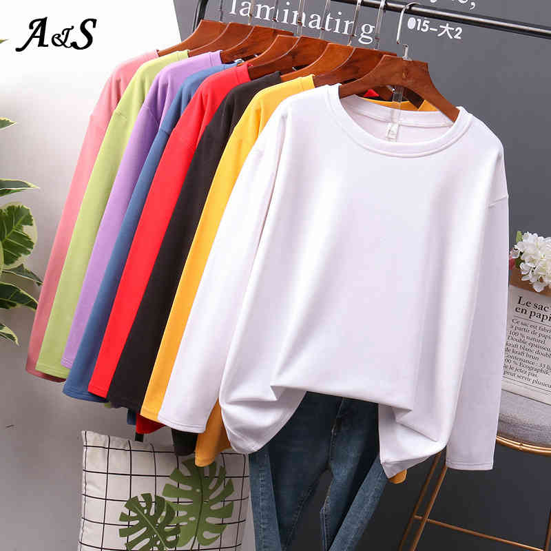 Anbenser Cotton Basic Long Sleeve Womens T-shirt Casual Black White Fashion Solid Top Ladies Fashion Korean Tee Shirt Plus Size 210406