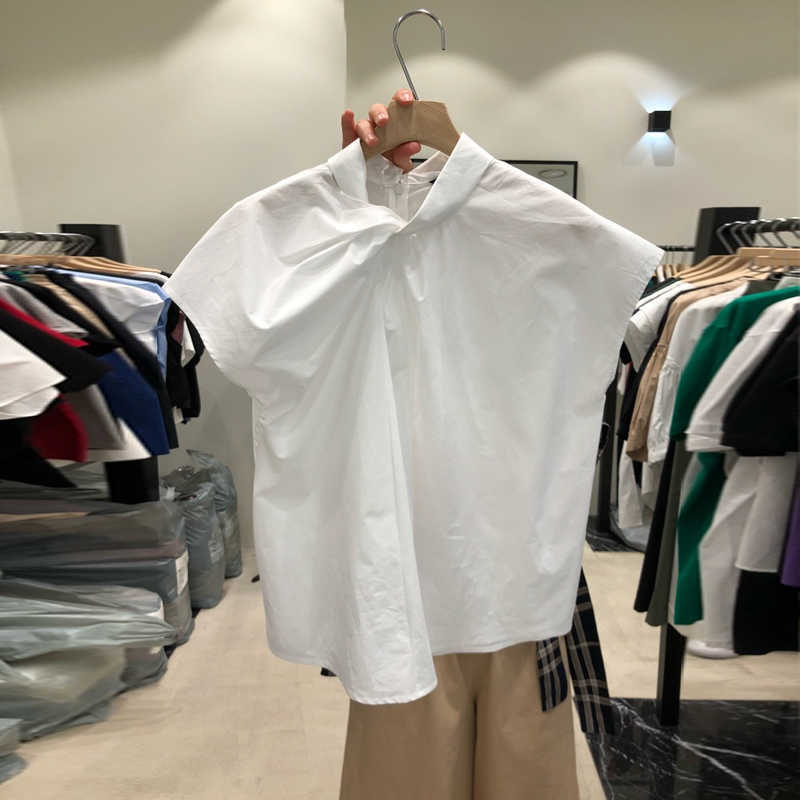 Spring Summer Short Sleeve Pleated Collar Design Solid Shirt Women's Top Blouse 210615, Black 
Spring Summer Short Sleeve Pleated Collar Design Solid Shirt Women's Top Blouse 210615, Black
