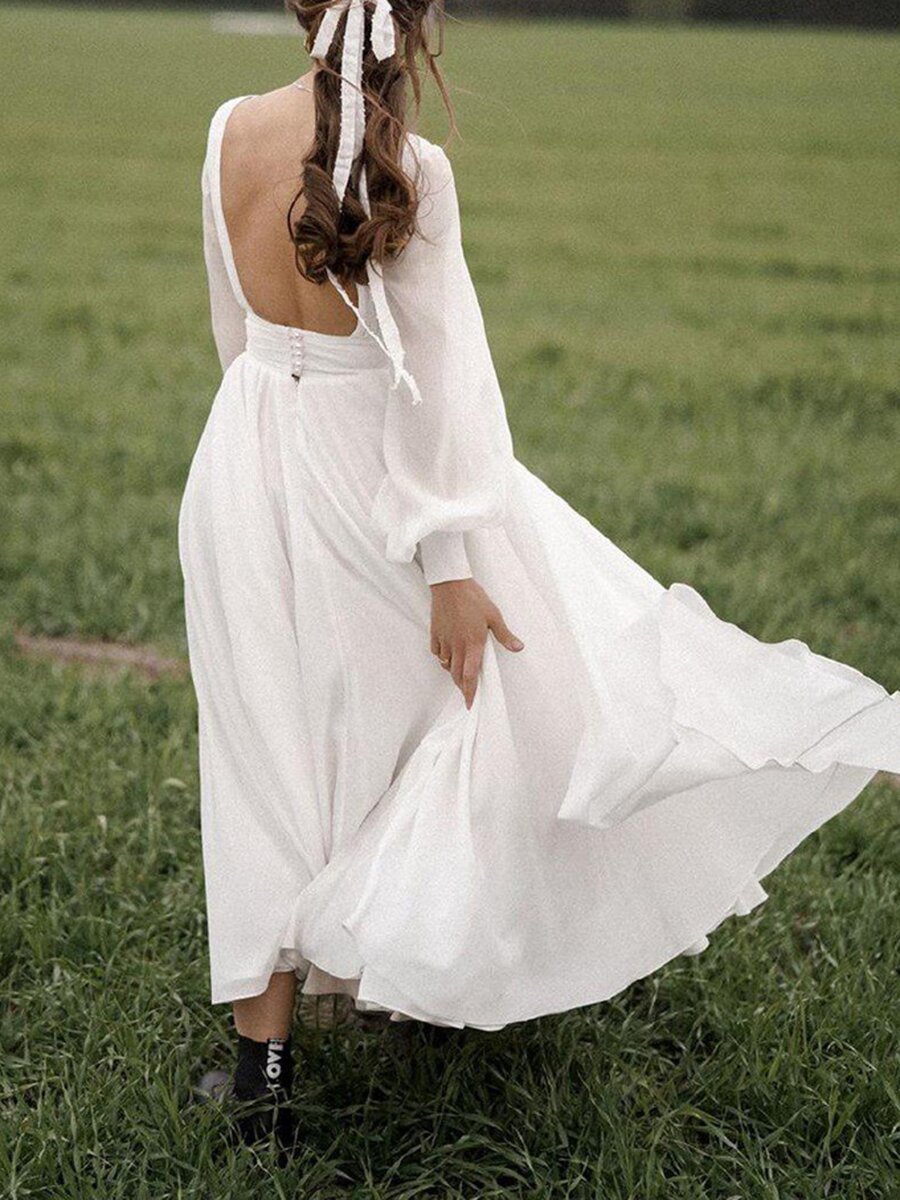 Women Dress Temperament Party es V Neck Backless Lantern Sleeve Maxi High Waist Large Hem Plus Size es 210524