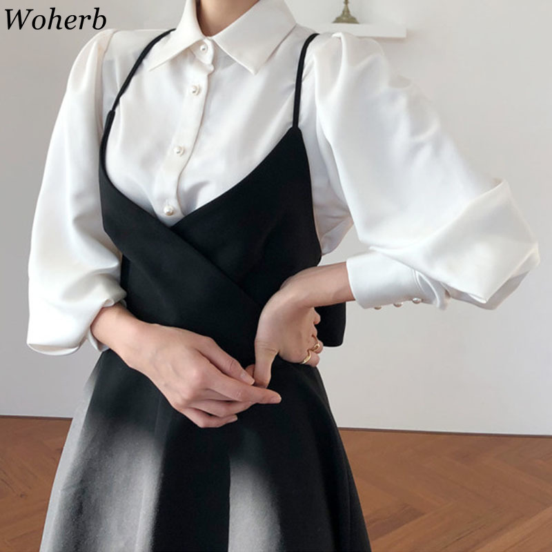 Women Dress Korean Elegant Suit Puff Sleeve White Shirt High Waist Backless Chic Two Piece Sets 4H894 210519