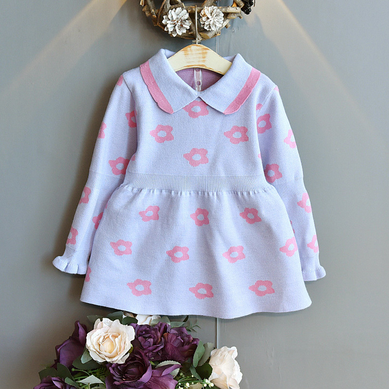 Autumn Winter Girls Dress Children Embroidered Lapel Knit Long Sleeve Princess Party Baby Girl Clothes 210515