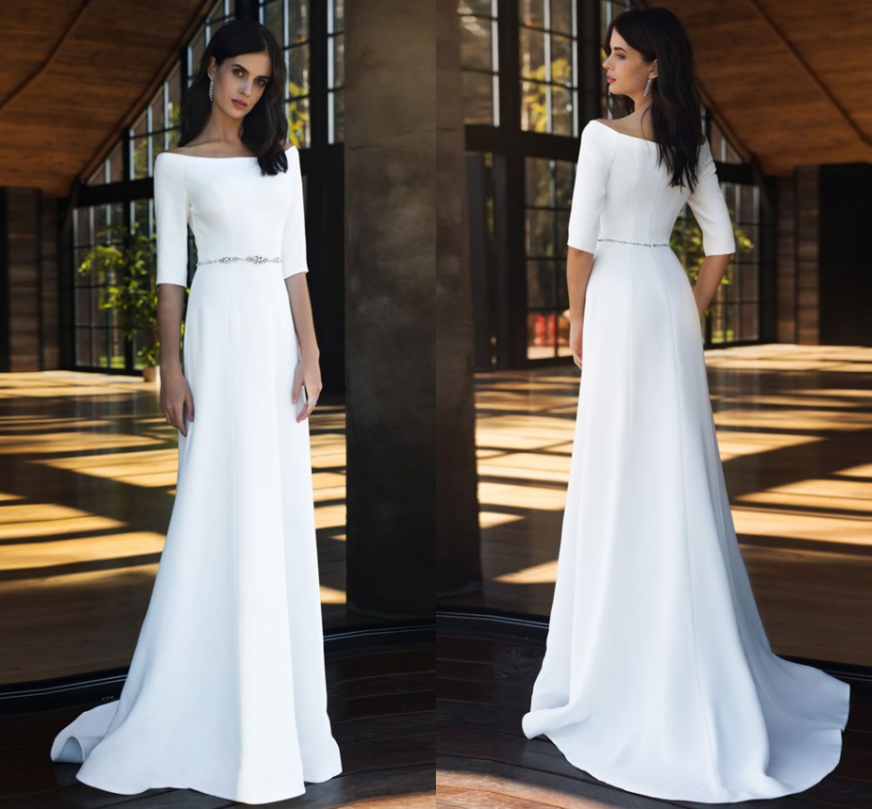2021 Simple Wedding Dress Boat Neck Half Sleeves Beading Sashes Floor Length Long Bridal Dresses Vestido De Novia